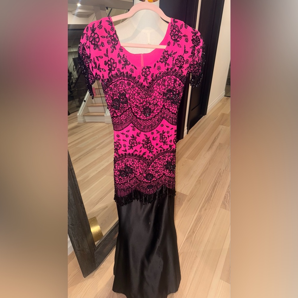 Pink and Black Lace Evening Gown